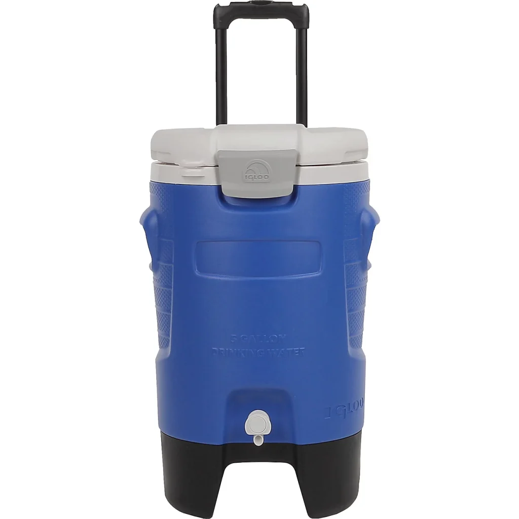 Blue and white 5-gallon rolling beverage cooler with dispensing spigot, wheels, and telescoping handle available for rent