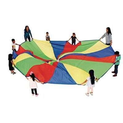 SIZE: Parachute is 20-feet in diameter with 16 separate handles spaced evenly around for group play