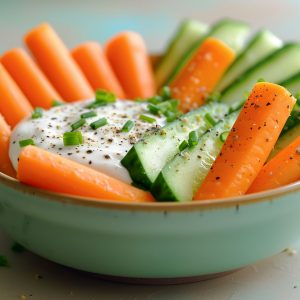 Closeup footage of a bowl contains carrots, cucumber with white sauce and grated parsley