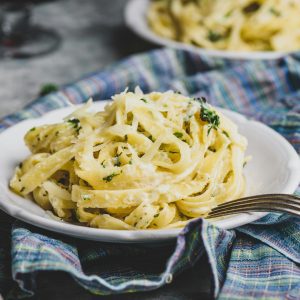 Homemade Fettuccine Pasta with Alfredo Sauce on Plate