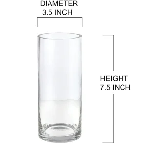 7.5-inch clear glass cylinder vase with 3.5-inch diameter, available for event rental in Leander, Texas, perfect for centerpieces, aisle décor, and candle displays.