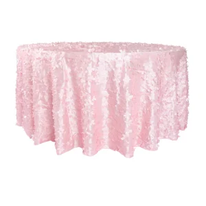 Pink 3D petal taffeta round tablecloth draped over a banquet table.