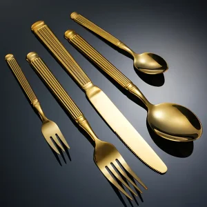 Golden Roman Cutlery Set rental with gold forks, knives, and spoons for weddings and events.