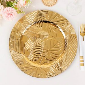 Metallic Gold Charger Plates with Embossed Tropical Leaves – 13" Round