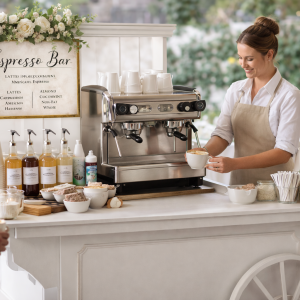 Styled espresso bar setup for weddings and events in Austin, TX featuring made-to-order lattes, cappuccinos, and professional barista service.