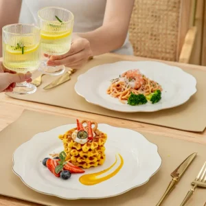 Porcelain Scalloped White Dinner Plates with Golden Rim – 10.5"