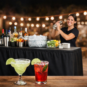 aBartender setup with bar tools, cups, mixers, and ice for The Duke Bar Package simple bar service.