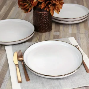 Matte White Circular Stone Dinner Plates with Gold Borders – 10.75 in