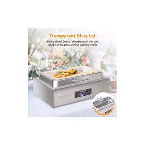 Electric half-size chafing dish with digital temperature control and glass roll-top lid for buffet and catering rentals in Austin, TX