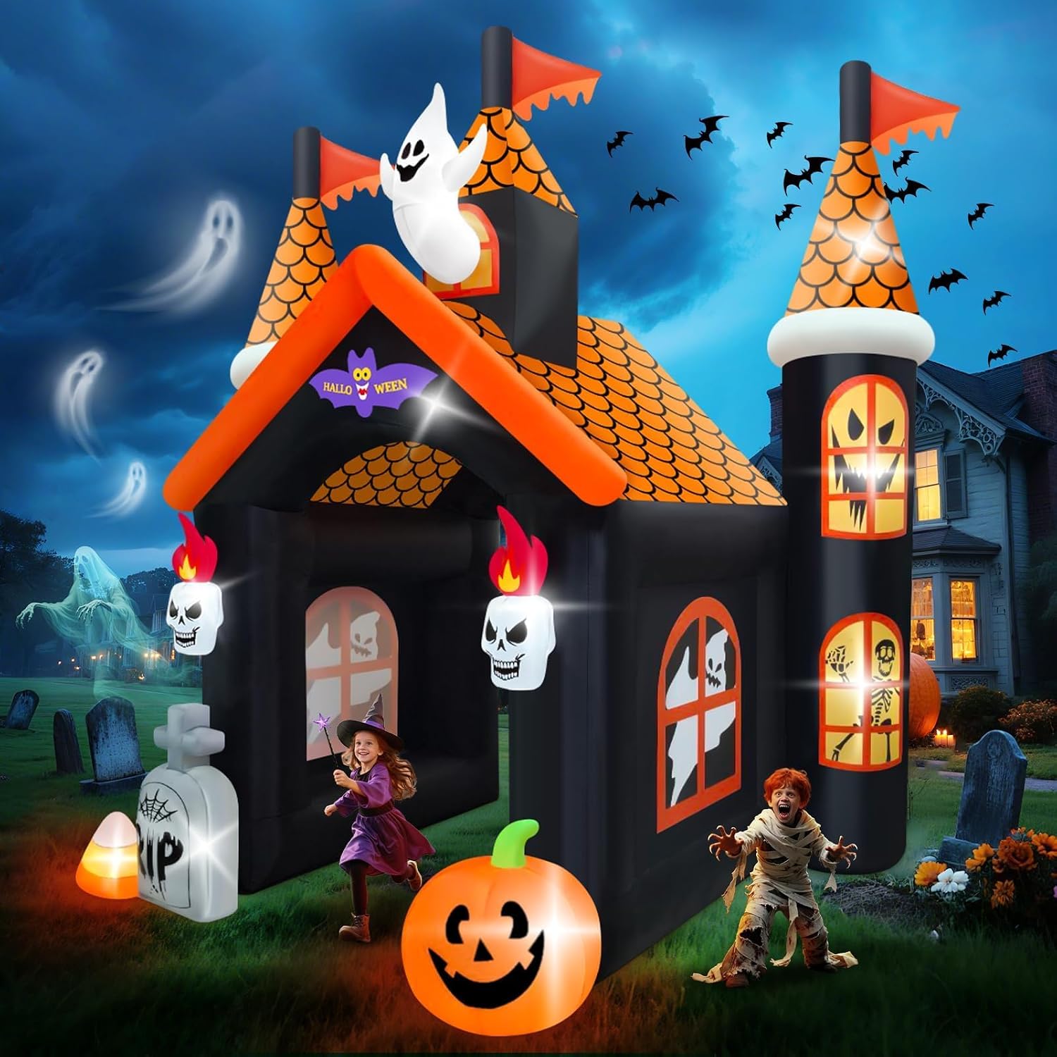 Orange and black Halloween haunted house inflatable with ghosts, bats, skulls, and pumpkins Image title: Halloween Haunted House Inflatable Rental