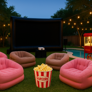 Outdoor movie night setup in a backyard with a 24FT inflatable black screen, pink and taupe inflatable sofas, a red popcorn machine, string lights, and a large popcorn bucket.