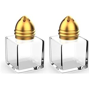 Pair of mini square clear glass salt and pepper shakers with gold caps for rent