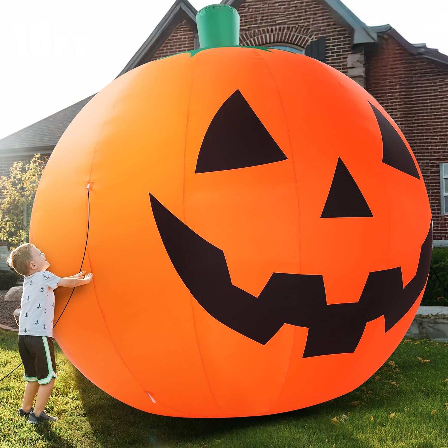10 ft orange inflatable jack-o'-lantern pumpkin lit with multi-color LED lights