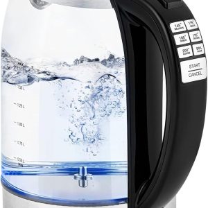 Black 1.7 liter glass electric kettle with stainless steel lid and base, cool-touch handle, and blue LED boil light