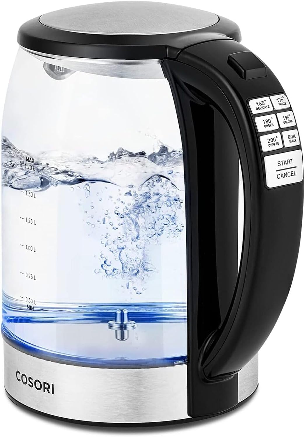 Black 1.7 liter glass electric kettle with stainless steel lid and base, cool-touch handle, and blue LED boil light