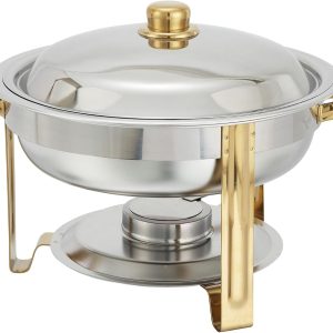 5quart stainless steel queso chafer with gold accents, water pan, food pan, dome lid, and fuel holder — perfect for serving queso, dips, and sides at weddings, parties, and events.