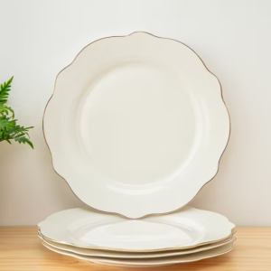 Porcelain Scalloped White Dinner Plates with Golden Rim  – 10.5"