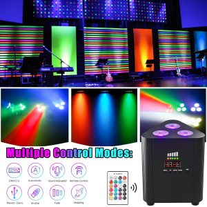 LED uplight remote control, and multiple color modes displayed on a concert stage with red, green, and blue beams.